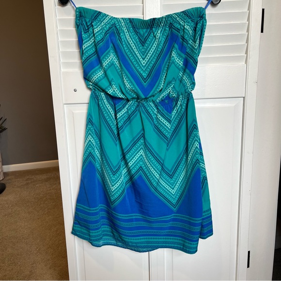 EXPRESS Scarf Print Tube Dress - Green & Blue - Picture 6 of 9